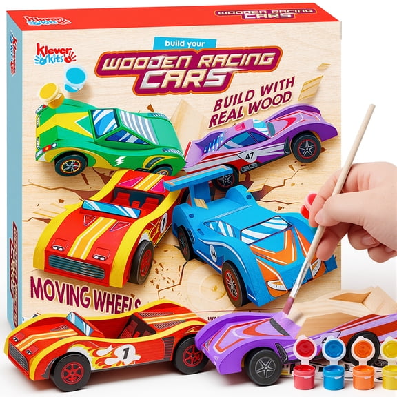 Joyfy 4 Piece Wooden Race Car Building & Painting Art Kit for Kids, Christmas Birthday Gift for Boys Ages 6