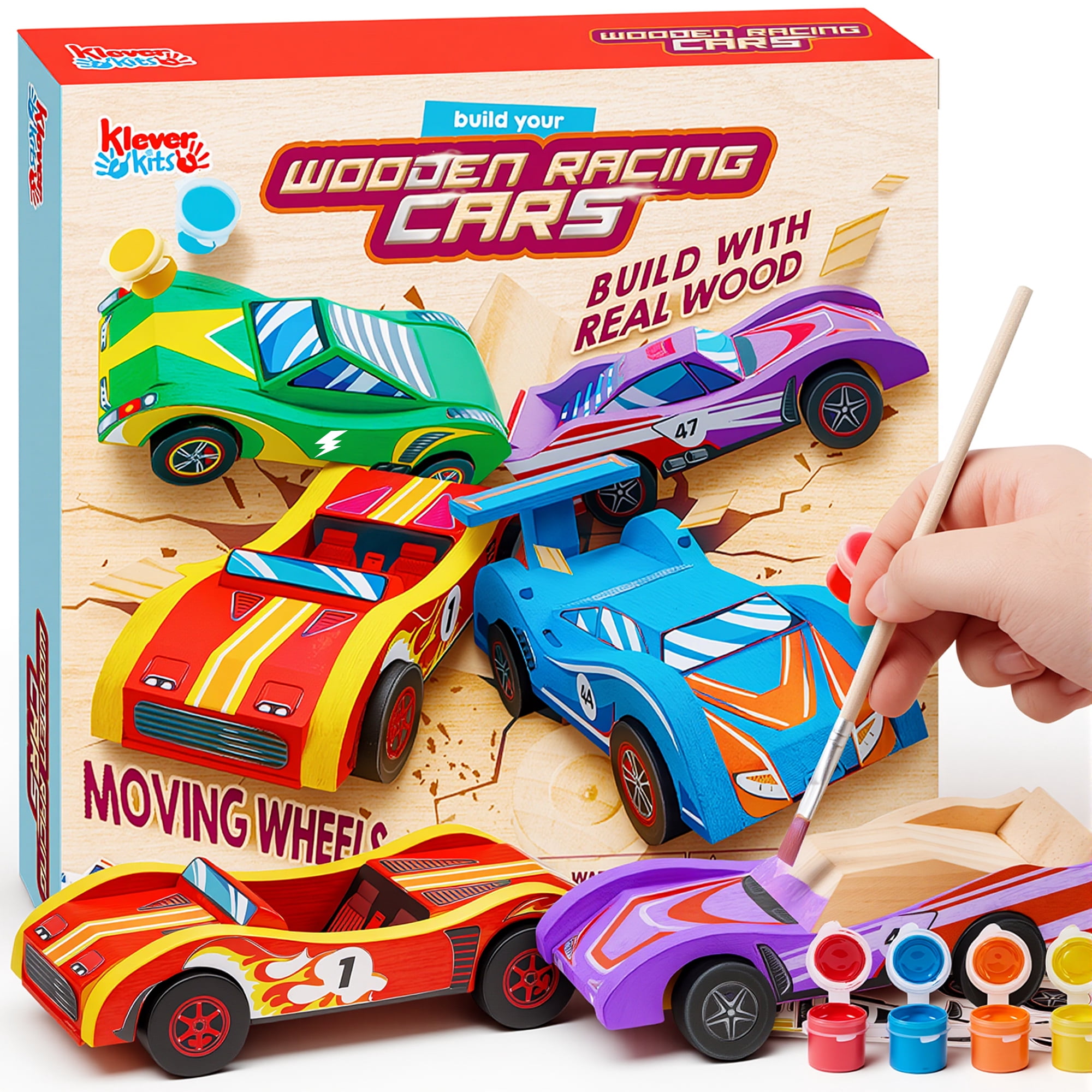 Joyfy 4 Piece Wooden Race Car Building & Painting Art Kit for Kids, Christmas Birthday Gift for Boys Ages 6+
