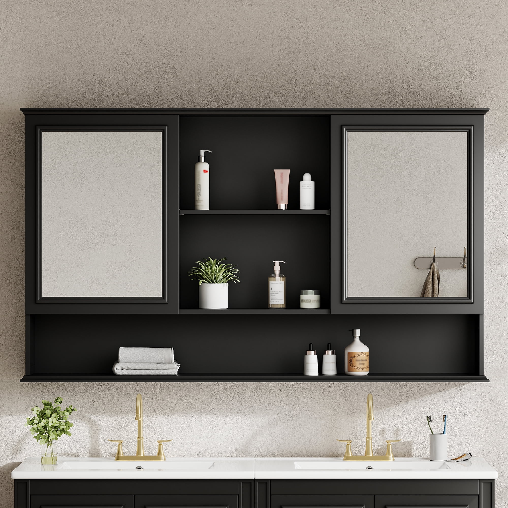 Mintazer 60" Wall Mounted Bathroom Medicine Cabinet with 2 Mirrored Doors, Adjustable Shelves & Soft Close Hinges for Bathroom Laundry Room, Black