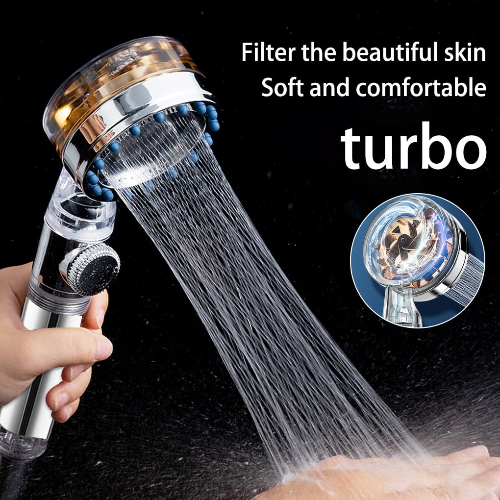 High Pressure Propeller Driven Handheld Shower Head Turbocharged Spa Massage Shower Head Kit for Bath Showerhead 360 Degrees Rotating Water Saving Shower Head with Filter & Stop Button Silver