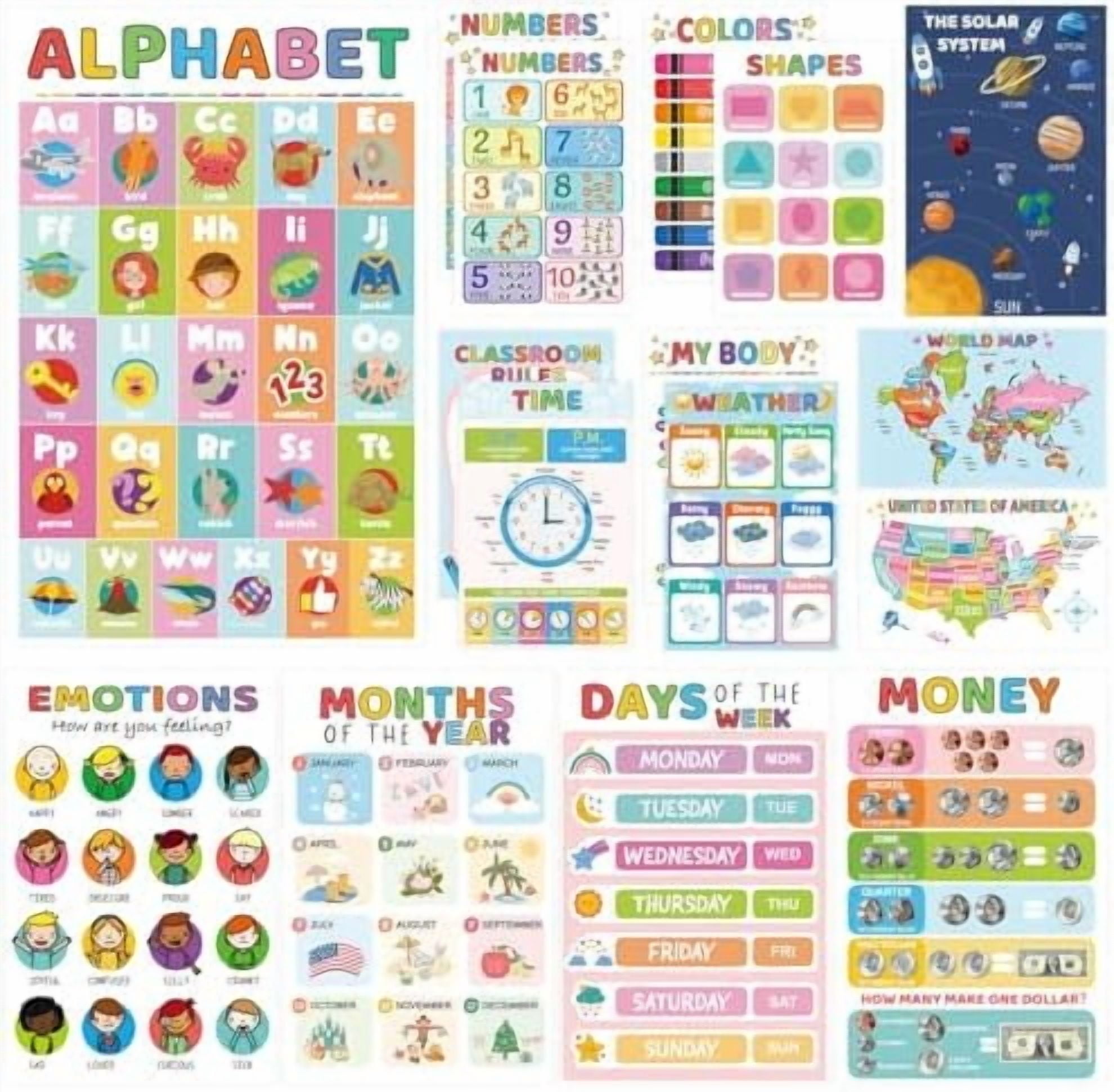 16 Educational Posters for Toddlers 1-3, Laminated Classroom Learning Posters for Kids 3-5, Kindergarten Classroom Must Haves, Preschool Homeschool Supplier Materials Alphabet Number Chart Classr