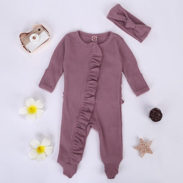 XDZJLR Girls Rompers Newborn Baby Boys Spring Fall Clothes Knit Ruffle Footies with Headband Outfit Light Purple 3-6 Months