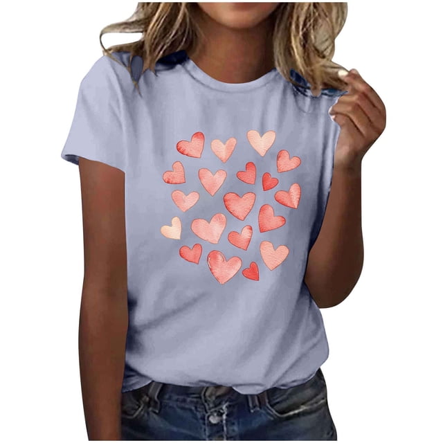 Camiseta de Manga Corta de Cuello Redondo con Patrones de Corazón de Moda de las Mujeres para Diario, Fiesta, Primavera Y Verano