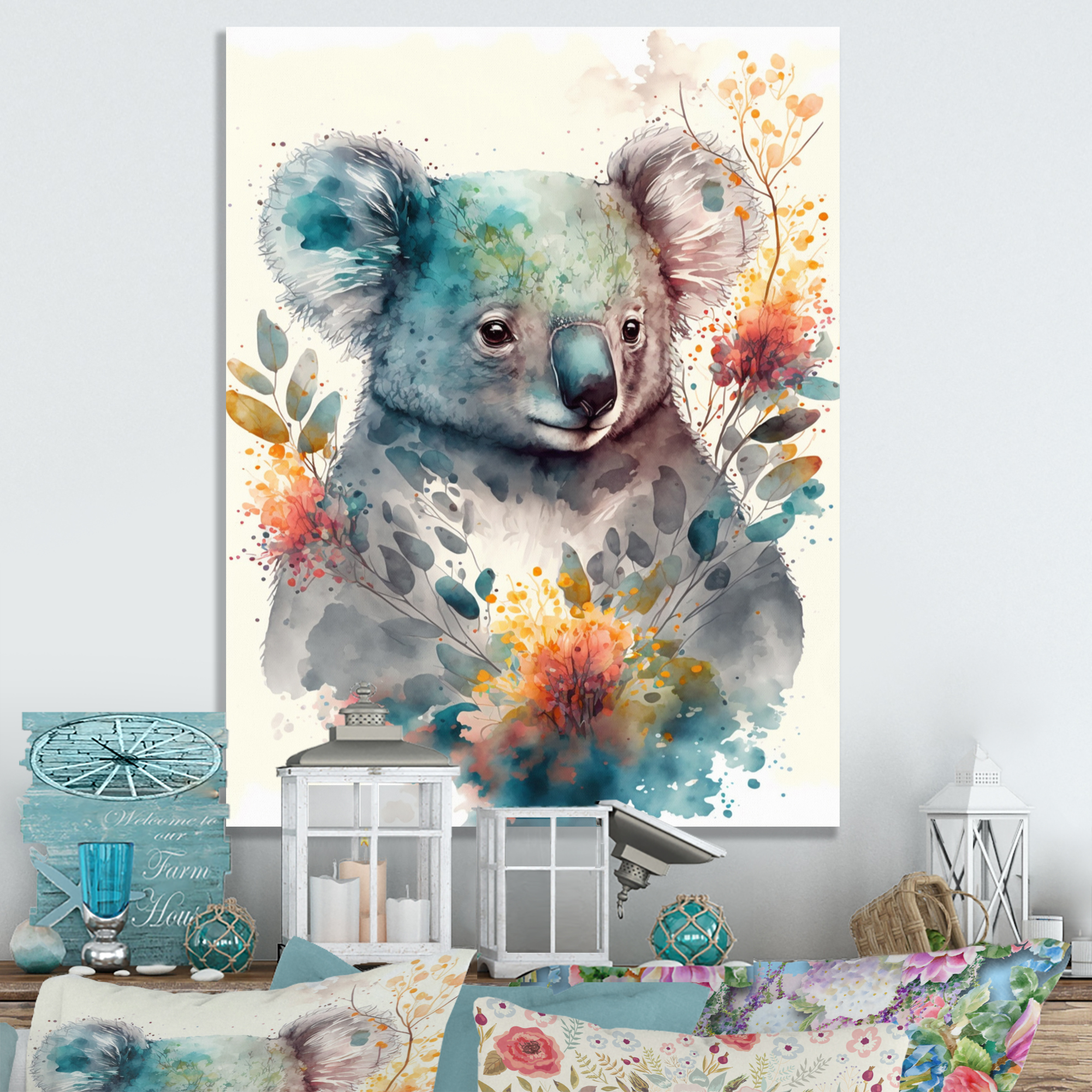 Designart Cute Koala Floral Art Canvas Wall Art