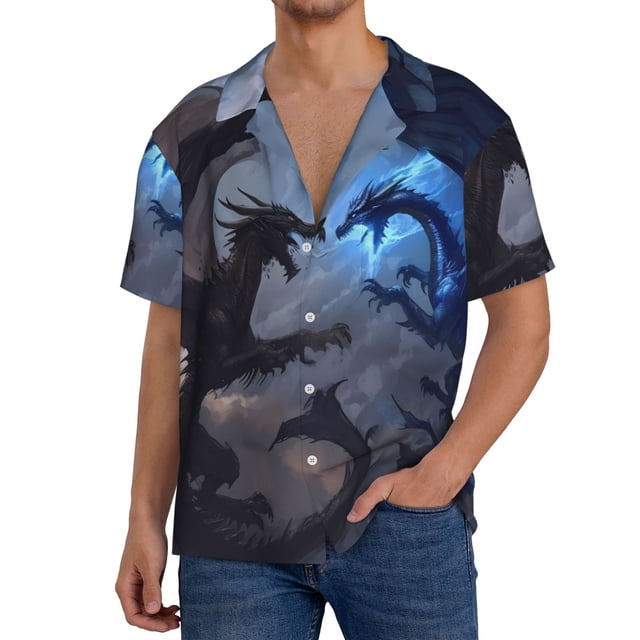 Fotbe Black And Blue Lightning Dragon Camisa Estampada de Manga Corta para Hombre, Casual de Verano, Estilo Playero, Sin Arrugas-3X-Large