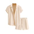 thumbnail image 2 of Men's Summer 2-Piece Set, Solid Color Jacquard Short Sleeve Button-Down Lapel Shirt and Shorts, Lightweight Casual Outfit For Vacation and Beach,Beige,L, 2 of 6