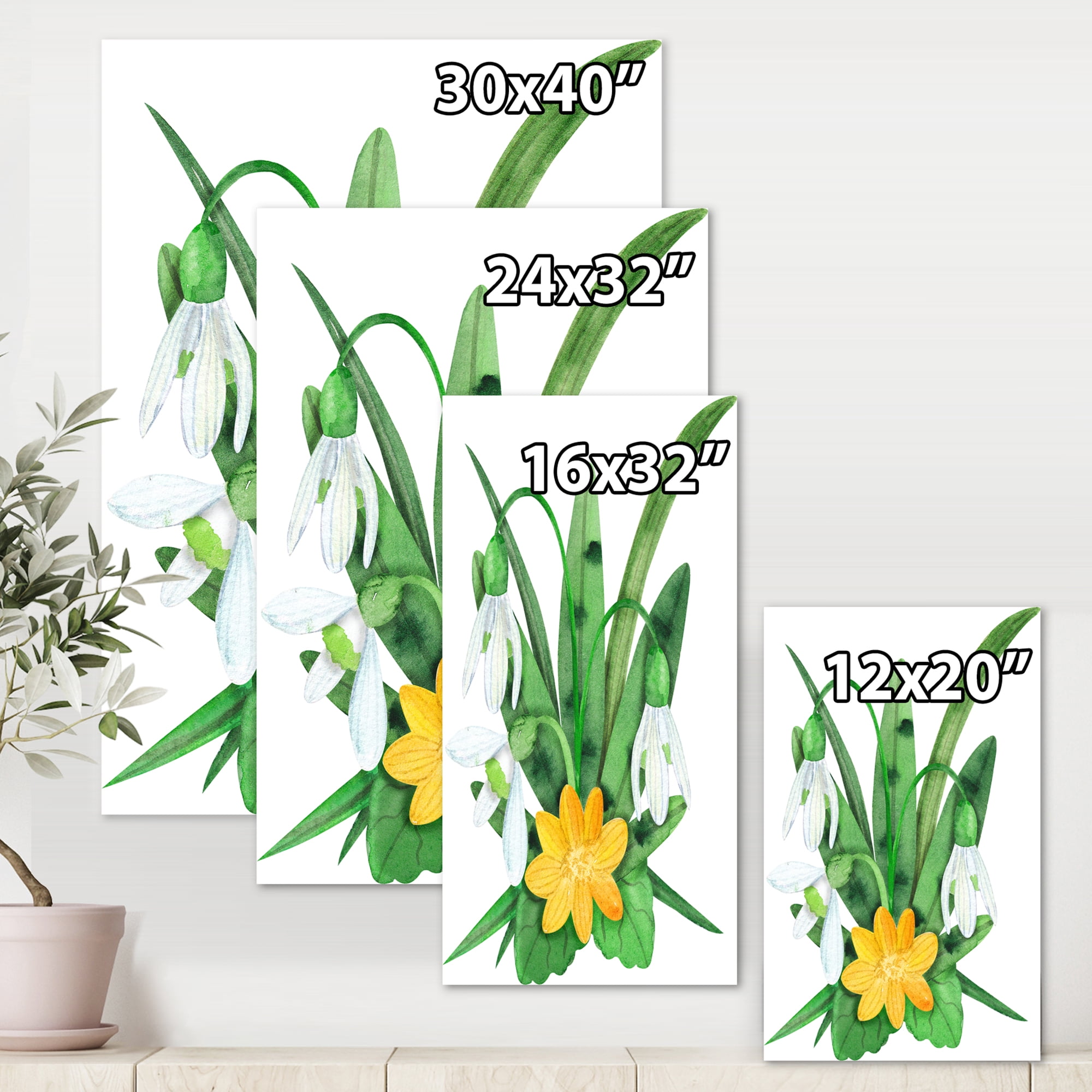 Designart ' Snowdrops and Yellow Erantis VIntage Flowers ' Traditional Canvas Wall Art Print