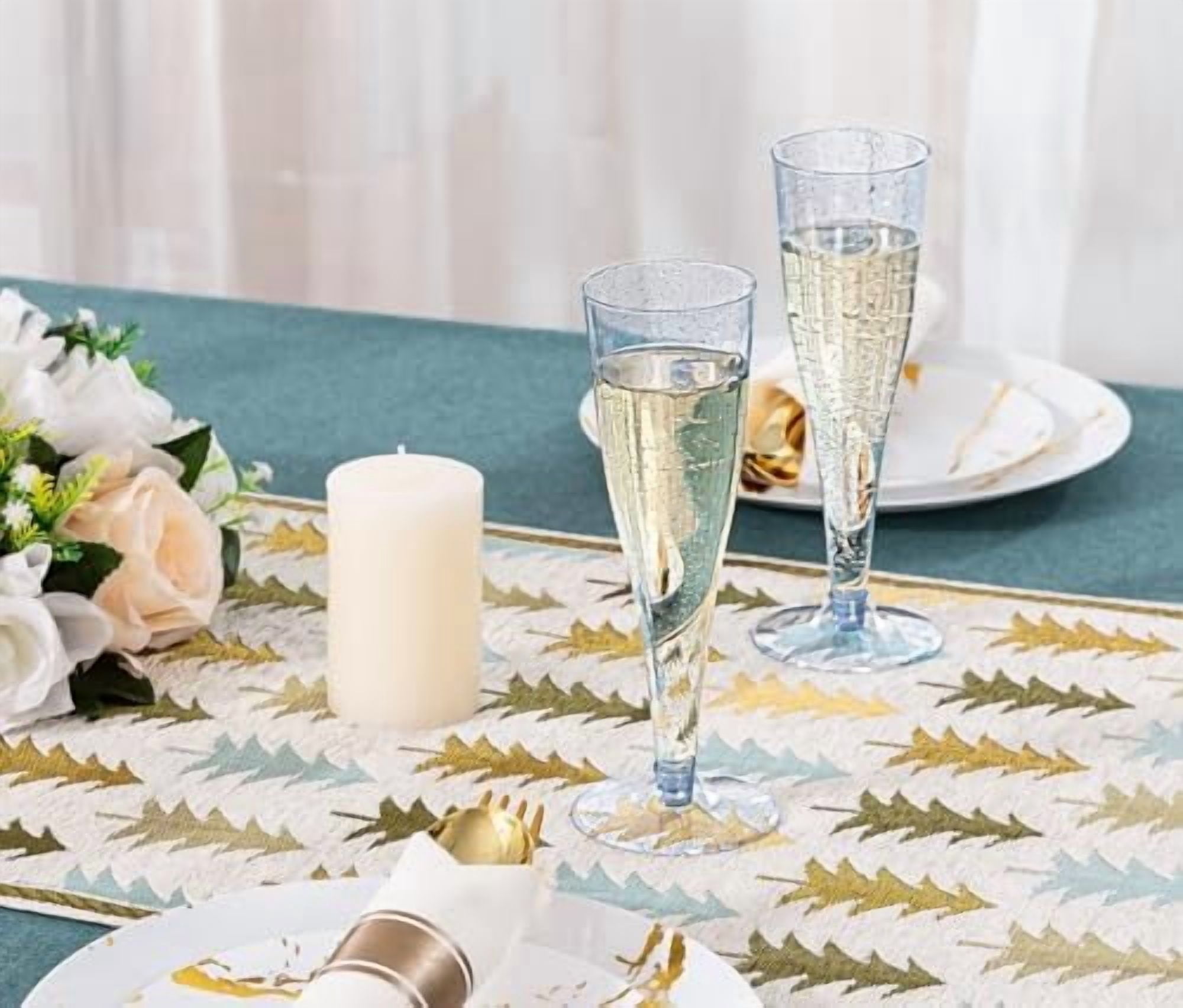 100 Pack Plastic Champagne Flutes Disposable 4.5 oz Blue Glitter Plastic Champagne Glasses Suitable for Wedding, Thanksgiving Day, Christmas