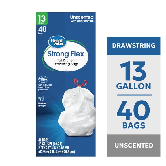 Great Value 13 Gallon Strong Flex Tall Kitchen Drawstring Bags, 40 Bags