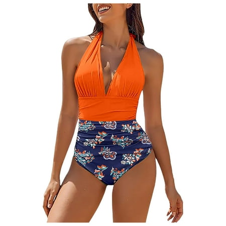 QYZEU Tankini Swimsuits for Women Plus Size Solid Color V Neck Bikini Pleated Backless Pattern High Waist Bikini Bottom Breathable Comfortable Lightweight Swimwear Orange M
