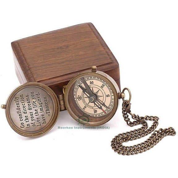 Roorkee Instruments India Brand Brass Antique Color Magnetic Engraved Compass with Wooden Box for Hiking, Camping & Outdoor Navigation