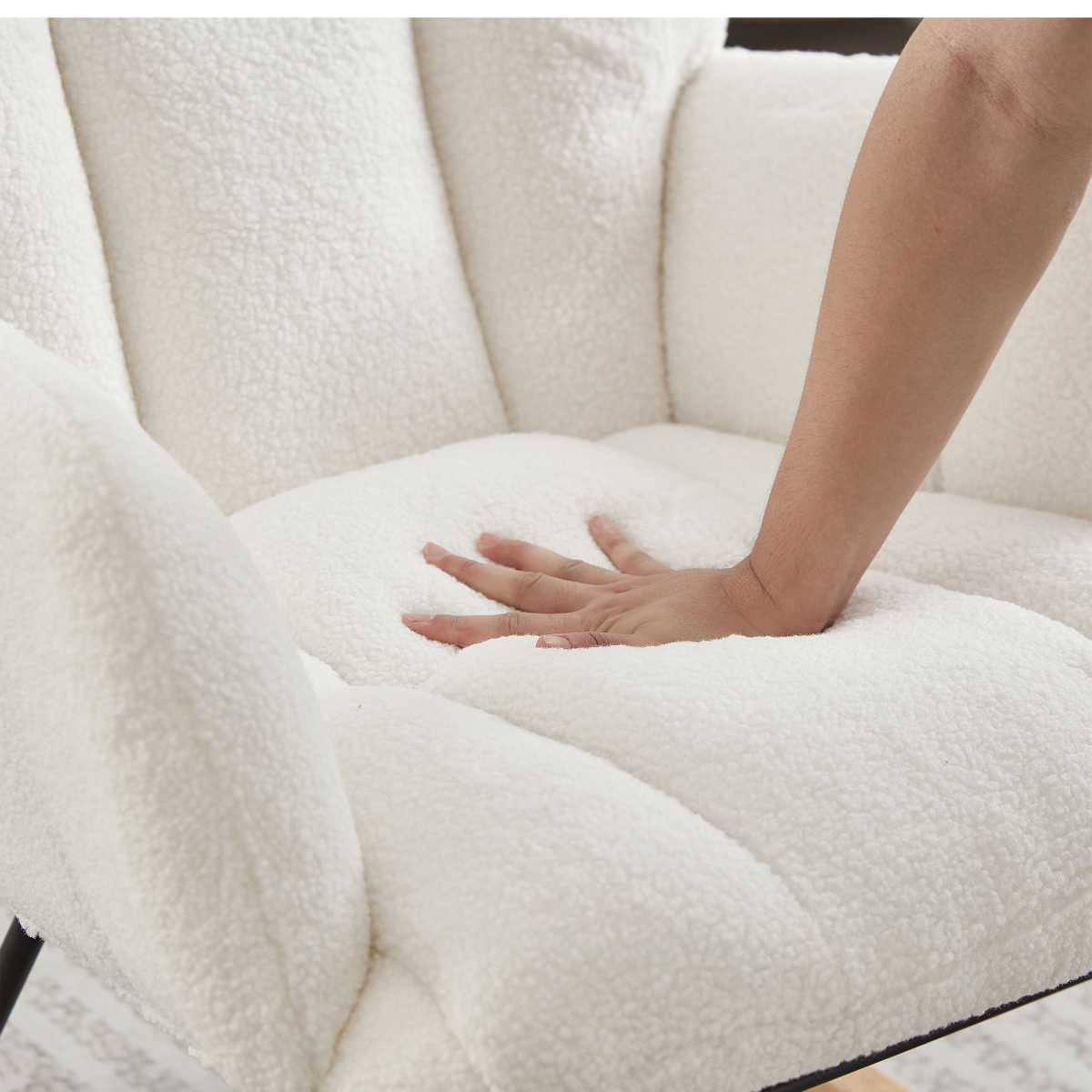Miekor Furniture Glider Chair for Living Room Tufted Upholstered Teddy Fabric Rocking Chair with Metal Frame Accent Chair Ivory White No3898