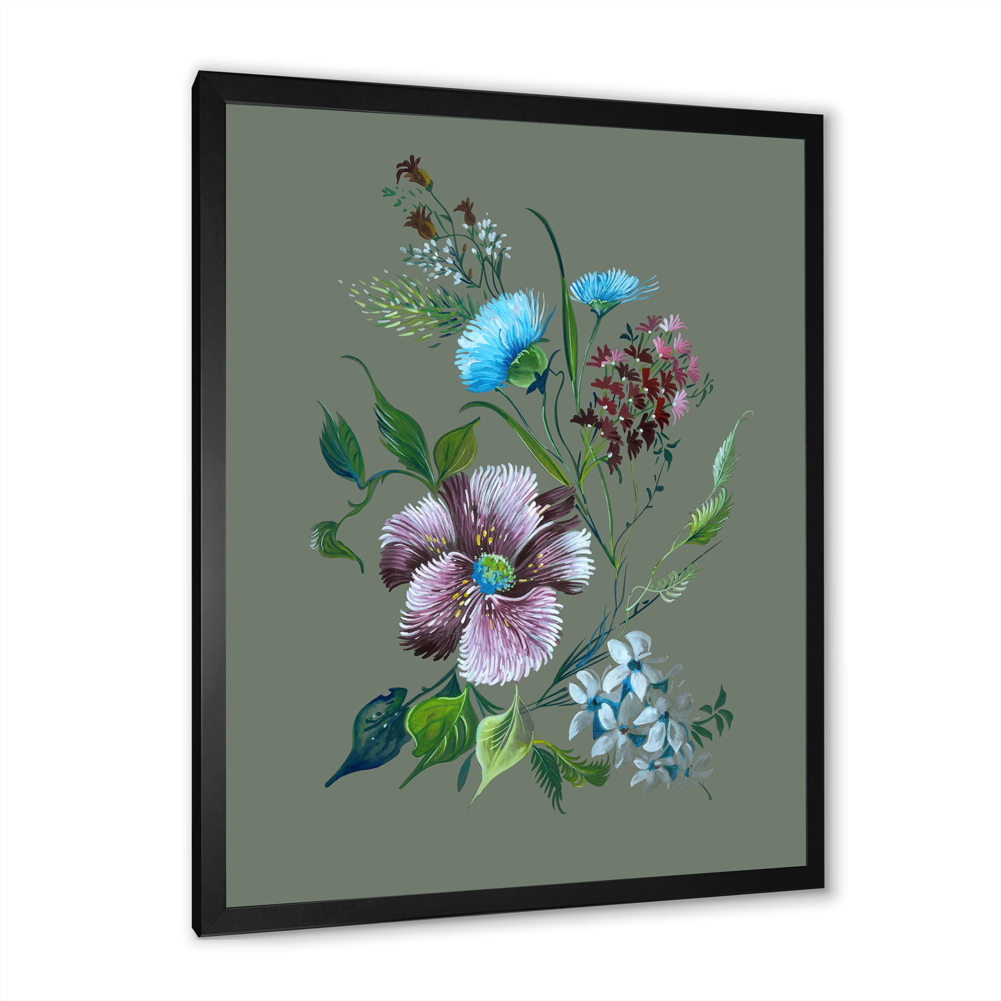 Turquoise and Purple Spring Flowers 12 in x 20 in Framed Painting Canvas Art Print, by Designart