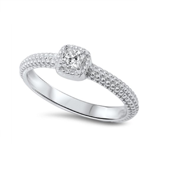 Square Cut Cubic Zirconia Solitaire Ring Sterling Silver 925