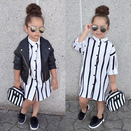 Fashion Girl Striped Toddler Kid Dress Long Sleeve Buttons Shirt...
