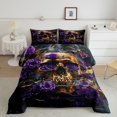 thumbnail image 2 of Feelyou 3D Gold Skeleton Queen Comforter Set for Teens, Romantic Purple Rose Bedding Sets, Gothic Valentines Day Reversible Bedding Comforter Set, Microfiber Bedroom Decor, 3-Piece, 2 of 8