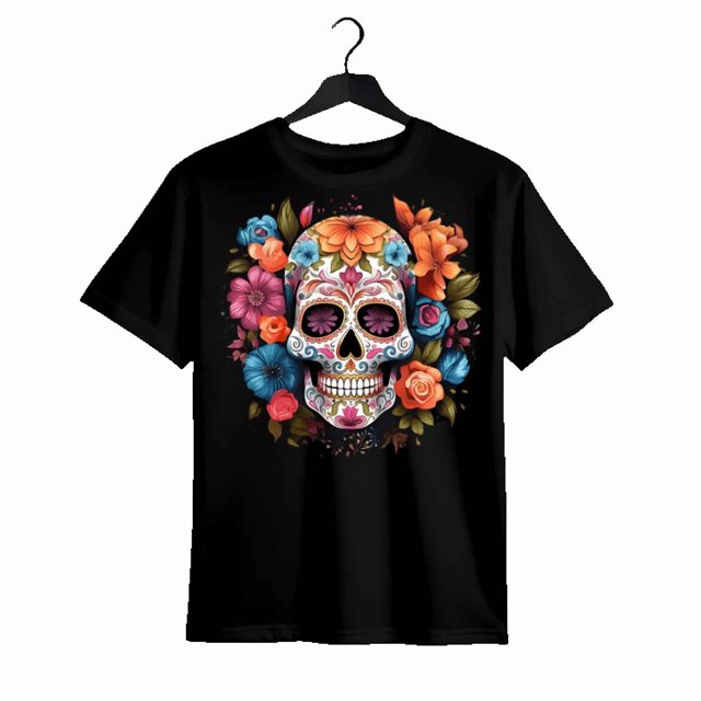 Camiseta de cuello redondo con estampado floral y de calavera para mujer, camiseta informal de manga corta con cuello redondo a la moda para uso diario, vacaciones y actividades al aire libre, ropa de