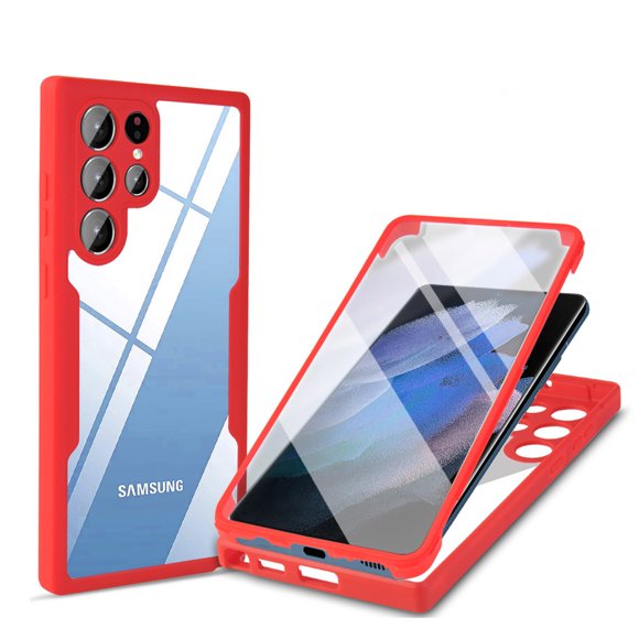 Compatible avec Samsung S22 Ultra Étui Transparente avec Protecteur d'Écran Intégré Protection de l'Objectif de la Caméra, Étui de Téléphone en Silicone TPU Transparent Robuste pour Samsung Galaxy S22 Ultra, Rouge