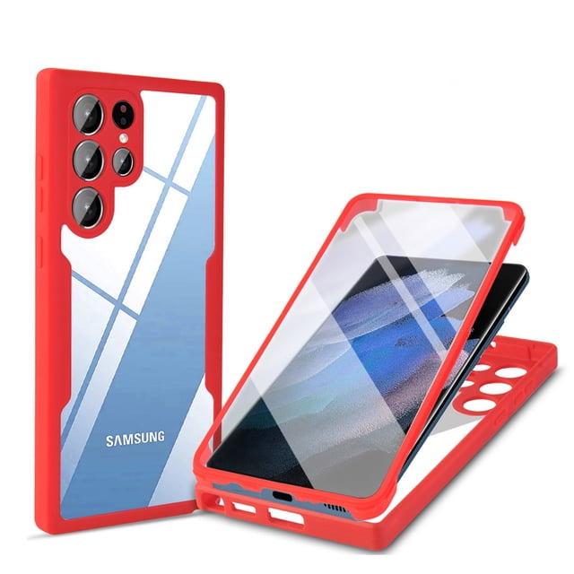 Compatible with Samsung S22 Ultra Case Clear with Built-in Screen Protector Camera Lens Protection,Transparent Rugged TPU Silicone Full Body Phone Case for Samsung Galaxy S22 Ultra, Red