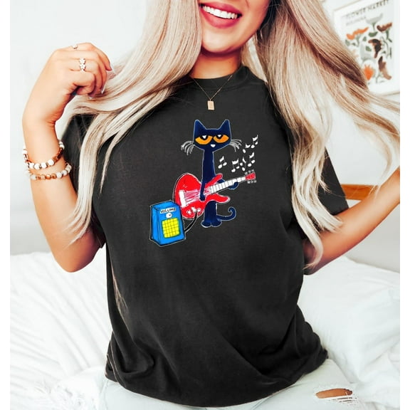 Pete the Cat Playing Guitar Graphic T-Shirt, Childhood Memories Tee, Cute Cartoon Character Apparel, Pete The Cat Books Flowers T-Shirt