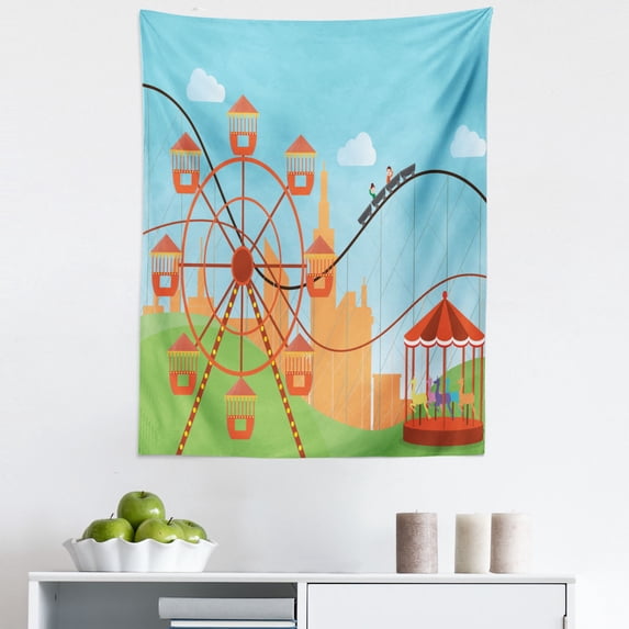 Ferris Wheel Tapestry, Flat Art Colorful Ferris Wheel Rollercoaster and Merry-Go-Round Attractions, Fabric Wall Hanging Decor for Bedroom Living Room Dorm, 5 Sizes, Multicolor, by Ambesonne