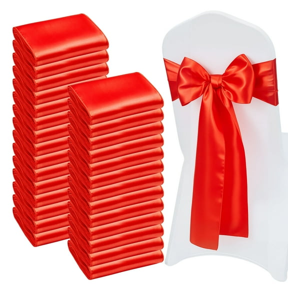 KFFKFF Satin Chair Sashes Bows, 100PCS Chair Ribbon Ties, 7 x 108 inch, Red Event Decoration, for Wedding Ceremonies, Baby Showers, Parties, Banquets, and Chair Cover Accents