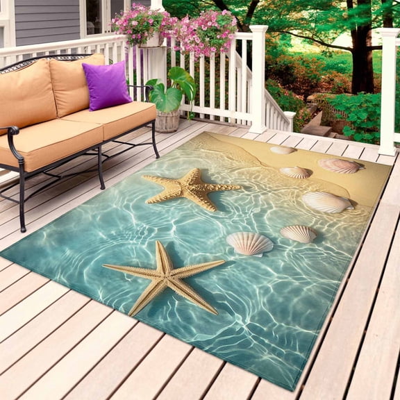 Summer Starfish Outdoor Rug for Patio/Deck/Porch, Non-Slip Large Area Rug 6 x 9 Ft, Nautical Coastal Shells Zen Peach Cream Indoor Outdoor Rugs Washable Area Rugs, Camping Rug Carpet Runner