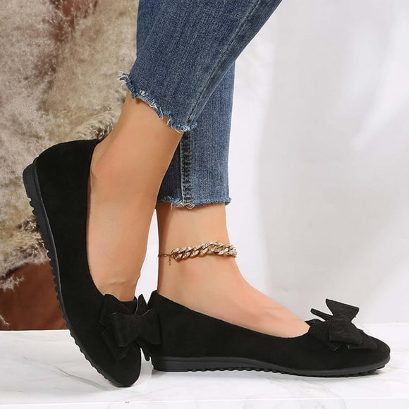 Babysbule Womens Casual Shoes Women's Round-Toe Chunky Heels Bow-knot Shoes Lightweight Flock Shoes Solid Color Low Heels Shoes