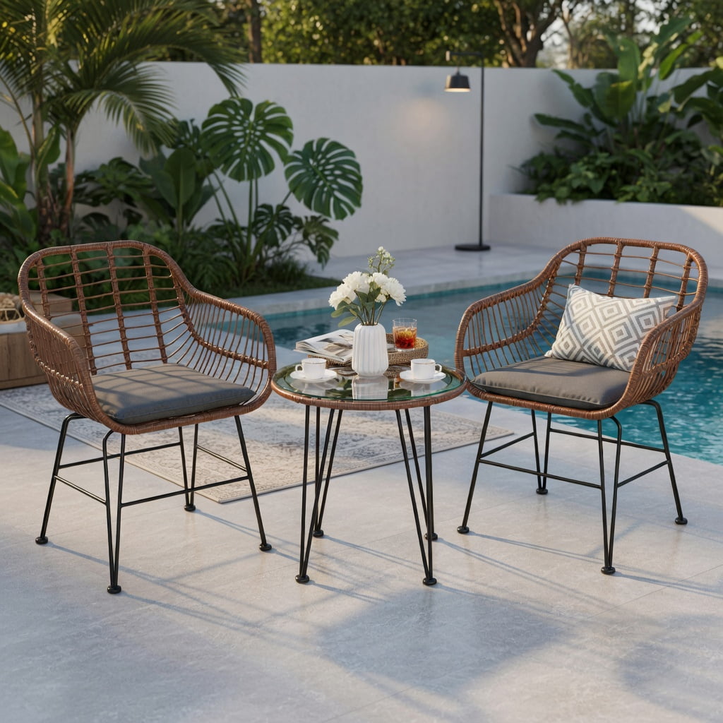 Hommoo 3-Piece Outdoor Rattan Bistro Set with Removable Cushions, Steel Frame, Tempered Glass Table, Gray