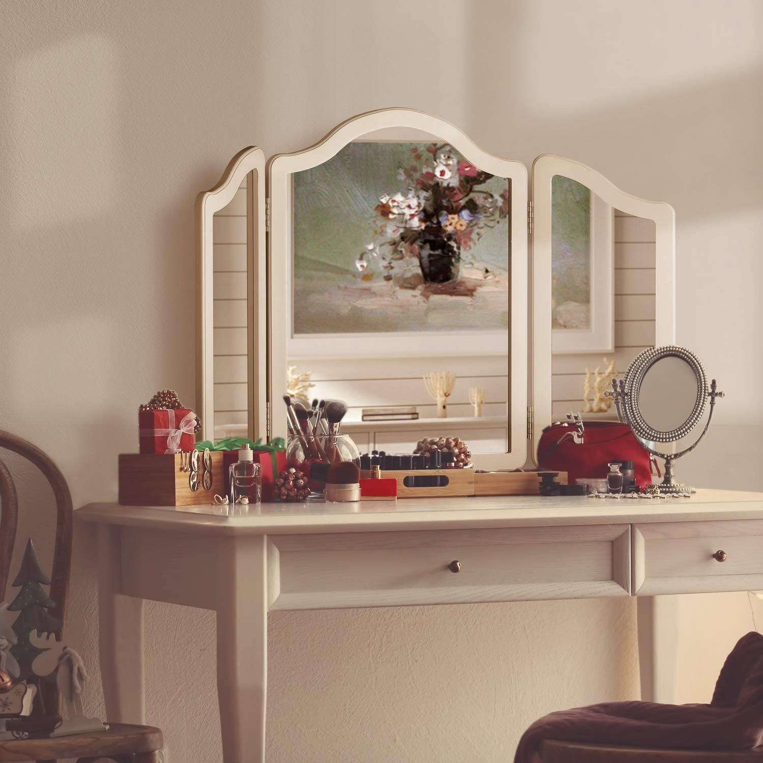 Luxfurni Hollywood Large Vanity Trifold Makeup, 3 Side Folding Tabletop Mirror, White