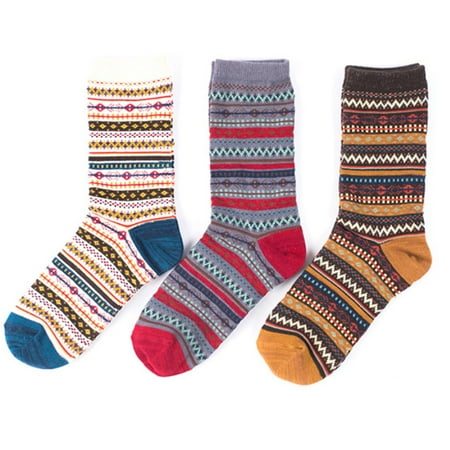 

Sardfxul 3 Pairs Korean Womens Ethnic Wavy Stripes Cotton Crew Socks Thick Warm Winter Casual Contrast Color Vintage Harajuku Mid Tube Hosiery