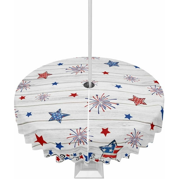 4th of July Outdoor Tablecloth with Umbrella Hole and Zipper Patriotic Stars Fireworks Round Tablecloths 60 Inch Table Cloths USA Flag Wood Grain Patio Table Cover for Independence Day Party