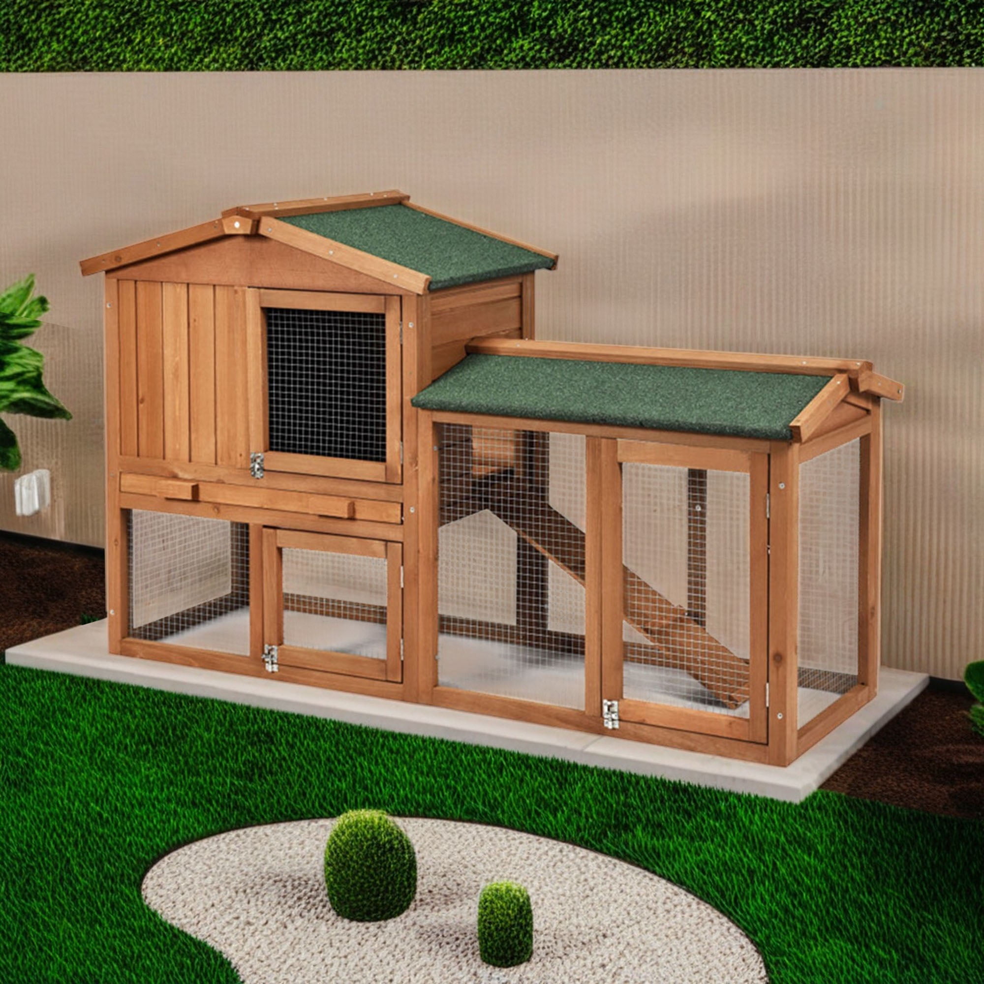 Kadyn 58" Wood Rabbit Hutch with Run, Chicken Coops for 2 Hen, Bunny Cage, Guinea Pig Hutch, Orange
