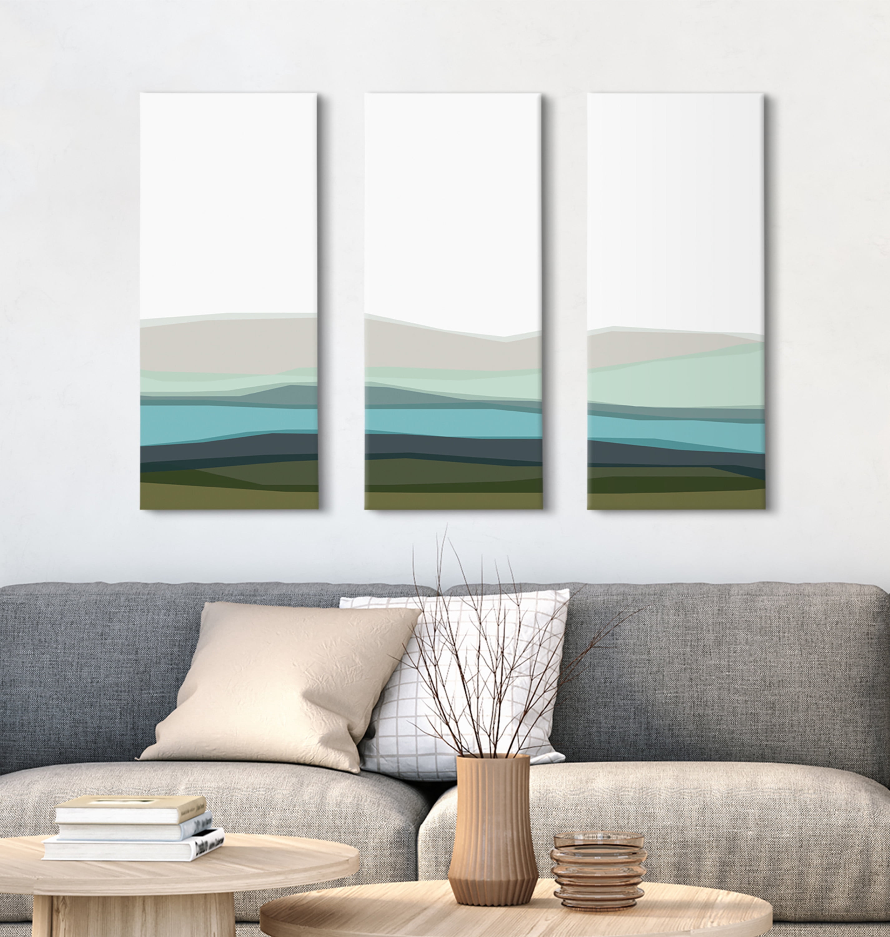 Kate and Laurel Abstract Blue Lake and Mountains Canvas Wall Art Set by the Creative Bunch Studio 3 Piece 12 x 28 Decorative Coastal Tryptic