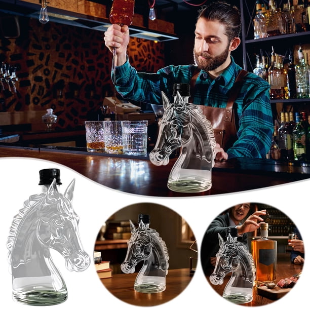 Botella de decantador de whisky de vidrio de vidrio con cabeza de caballo de borosilicato - Decoración elegante para el hogar, 750 ml, transparente