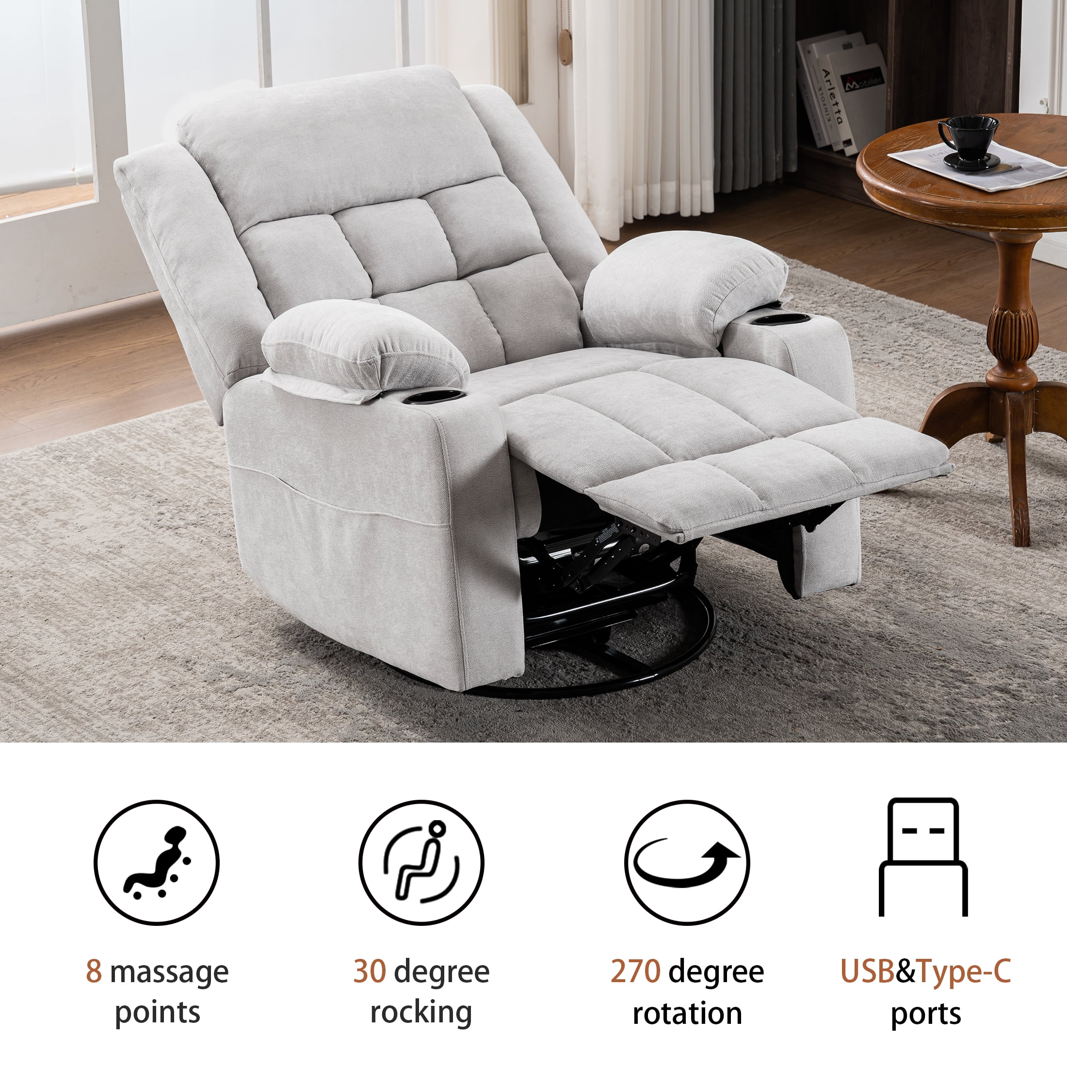 Sfxingyou  Power Swivel Rocker Recliner Massage Chair, USB and Type-C Ports, Electric Recliner Glider Reading Chairs Living Room, Upholstered Soft Fabric Reclining Sofa Chair,Grey