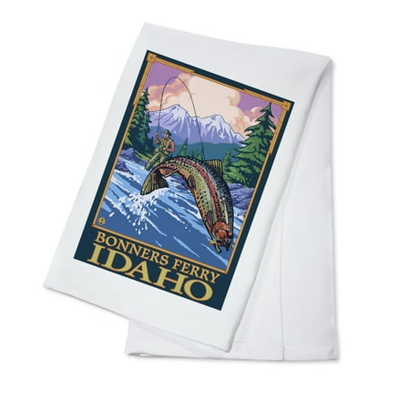 Bonners Ferry, Idaho - Angler Fly Fishing Scene (Leaping Trout) - Lantern Press Poster (100% Cotton Kitchen