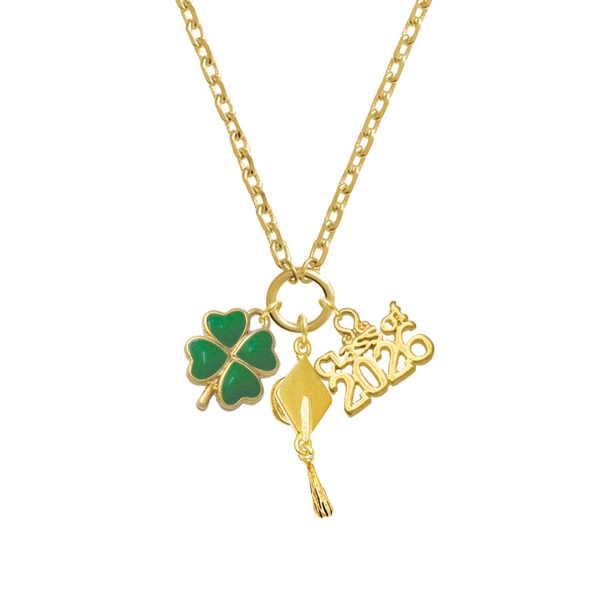 Delight Jewelry Gold-tone Opaque Green Lucky Four Leaf Clover - Gold-tone Class of 2026 Graduation Zoey Charm Necklace, 28"