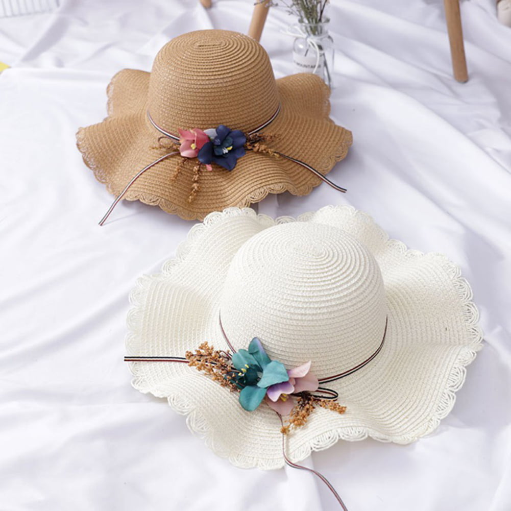 Summer Women Straw Flowers Sun Hat Fashion Vintage Casual Block Wide Brim Beach Sun Hats Caps 