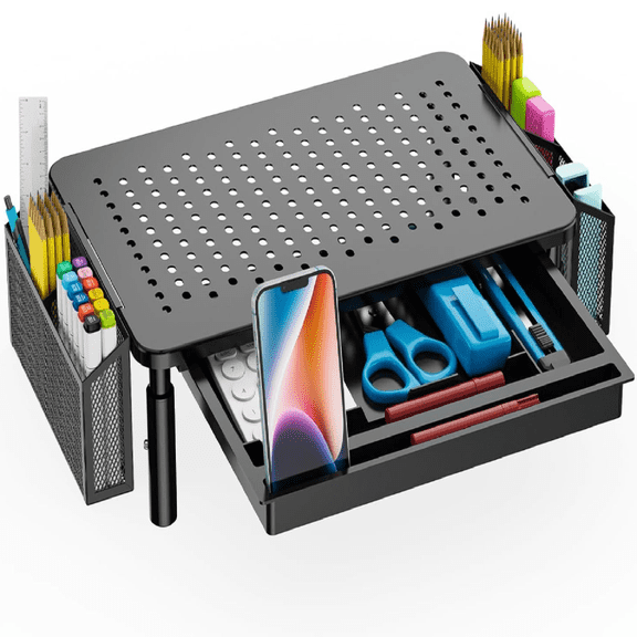 Computer Monitor Stand with Storage, Desk Organizer with Drawer and Pen Holder, Desk Monitor Riser 3 Height Adjustable, Laptop Riser for Computer, Laptop, Printer