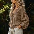 thumbnail image 4 of Tqcoqu Women's Linen Blend V-Neck Gathered Puff Long Sleeve Casual Blouse,Brown Women's S-XXL, 4 of 6