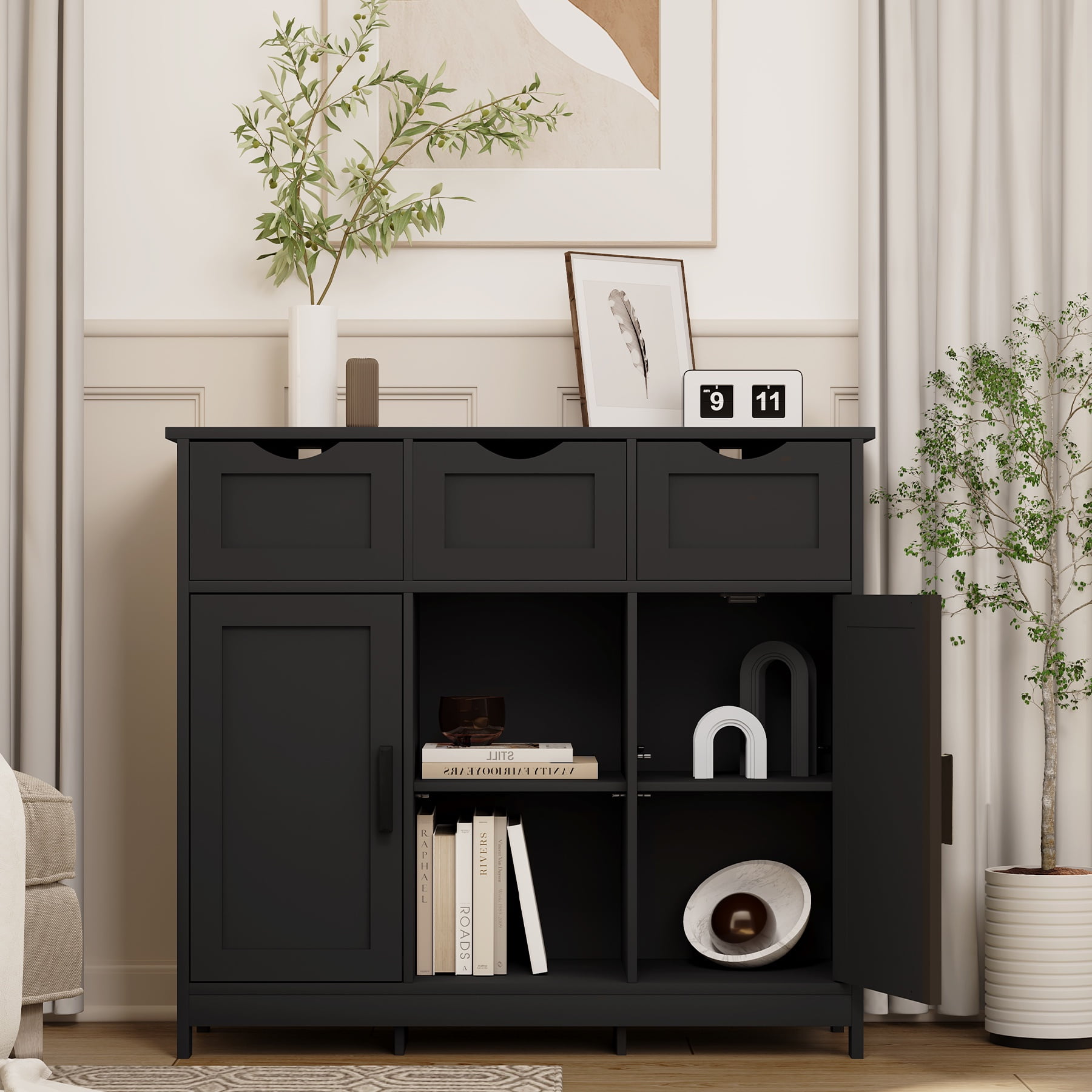 PORKISS Black Floor Storage Cabinet, Wood Accent Cabinet with Drawers and Adjustable Shelves Storage, Modern Pantry Cabinet for Kitchen, Bathroom, Living Room