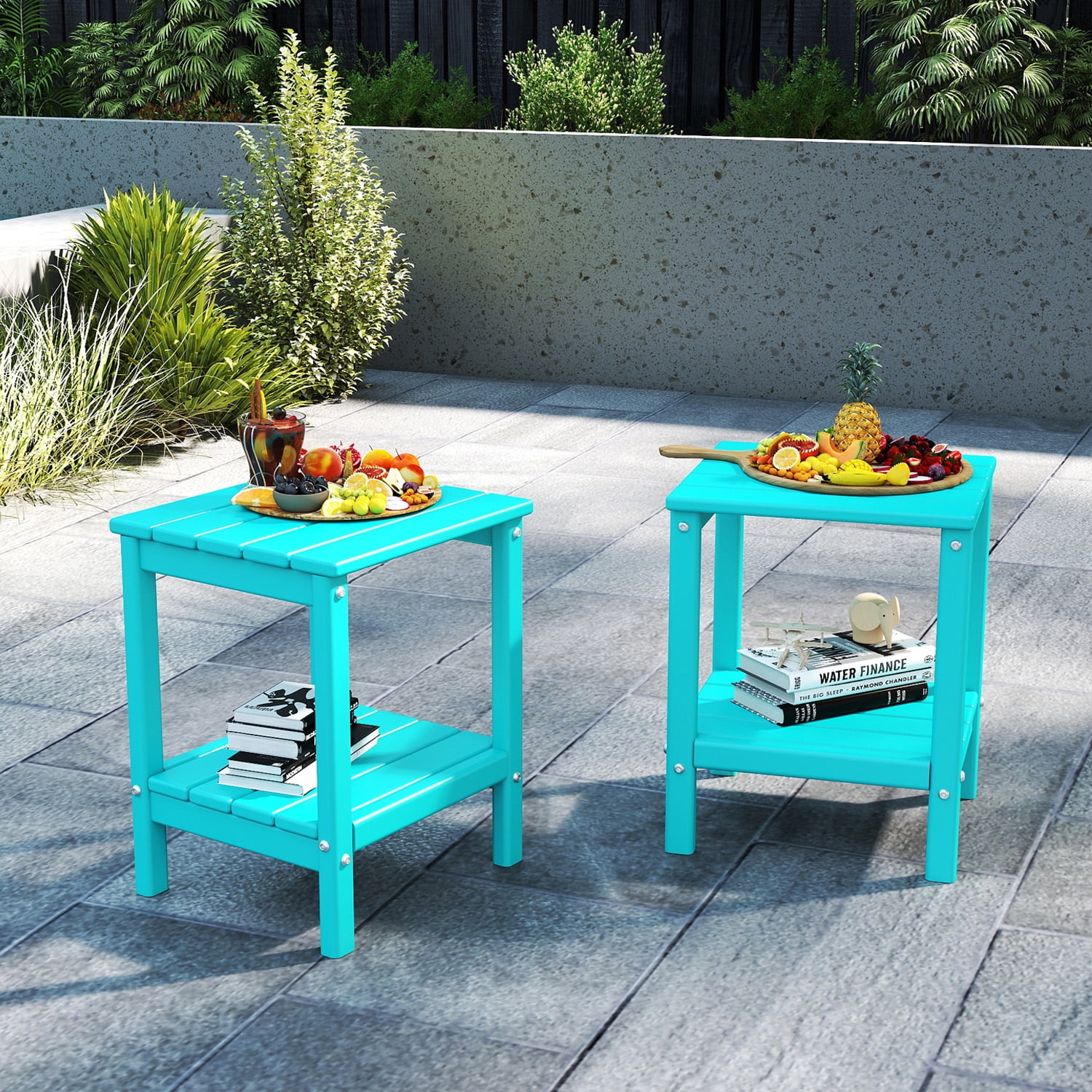 Pipopa Adirondack Outdoor Side Table Set of 2,HDPE All Weather Double Layer Patio Side Table,Rectangular End Table for Garden Balcony Pool,Aqua