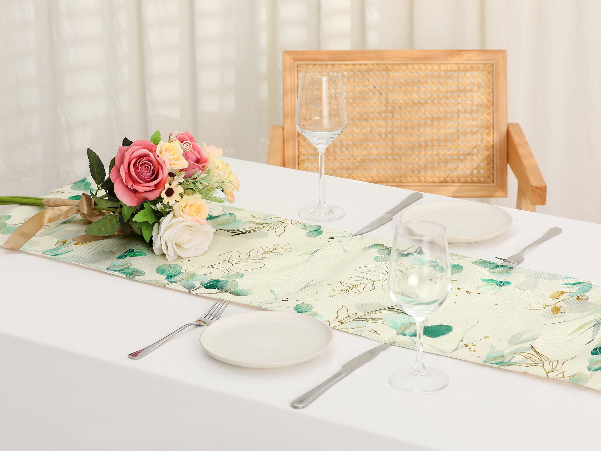 Unique Bargains Floral Printed Linen Printed Table Runner for Daily Decoration Gold Green 13"x71"