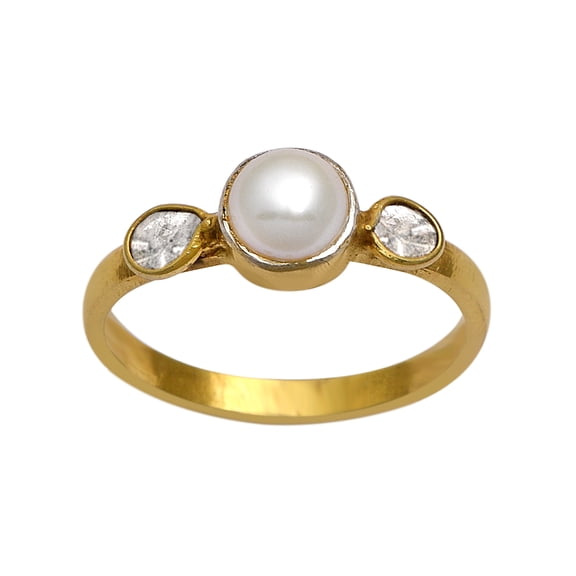 Mooneye 0.30 CTW Natural Diamond Polki Pearl Ethnic Women Gifts Ring 925 Sterling Silver Gold Plated