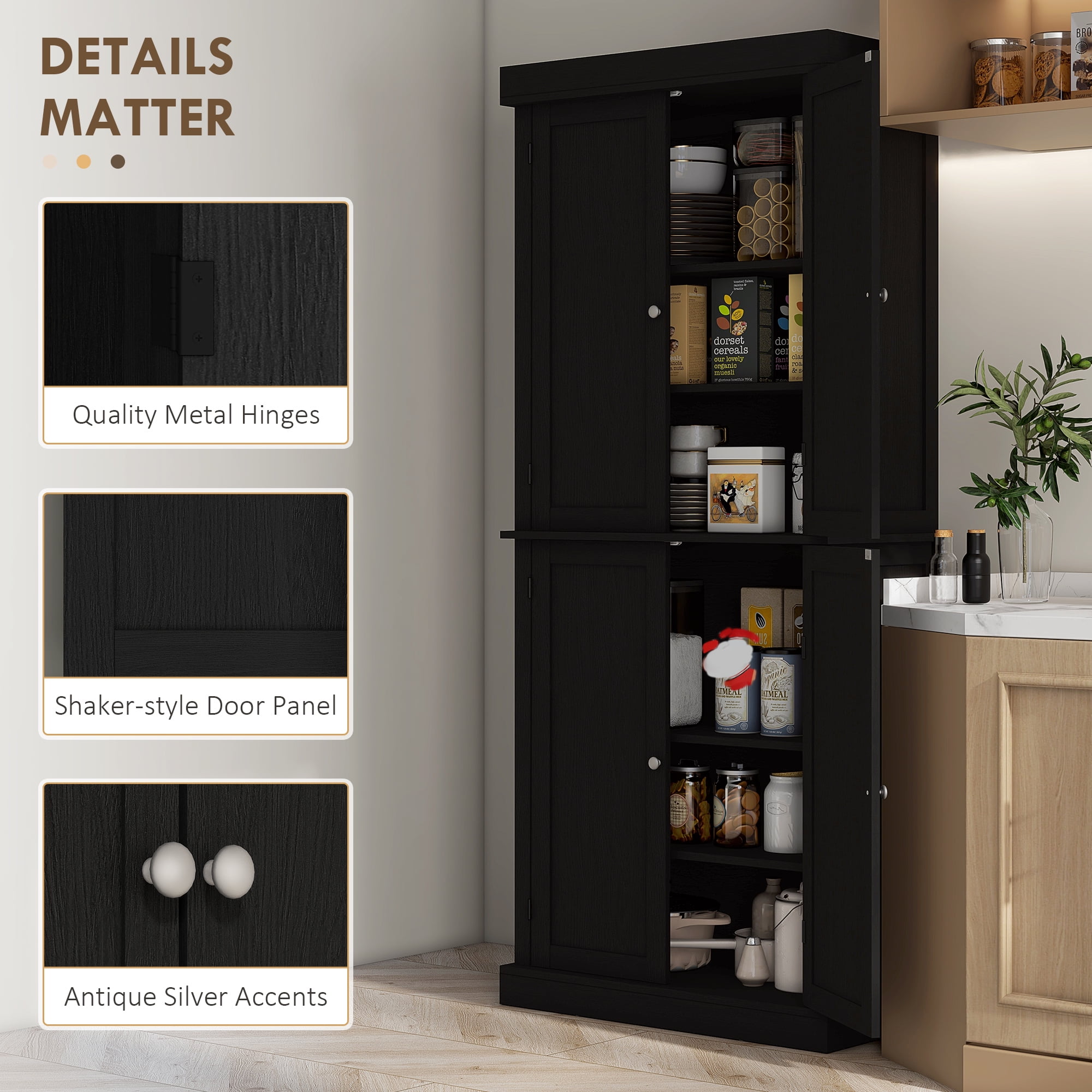 HOMCOM 72" Traditional Freestanding Kitchen Pantry Cupboard with 2 Cabinet, and Adjustable Shelves, Black Wood Grain