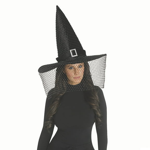 Fun World FW93716B Adults Black Polyester Witch Hat with Bling Buckle & Netted Veil Costume Accessory