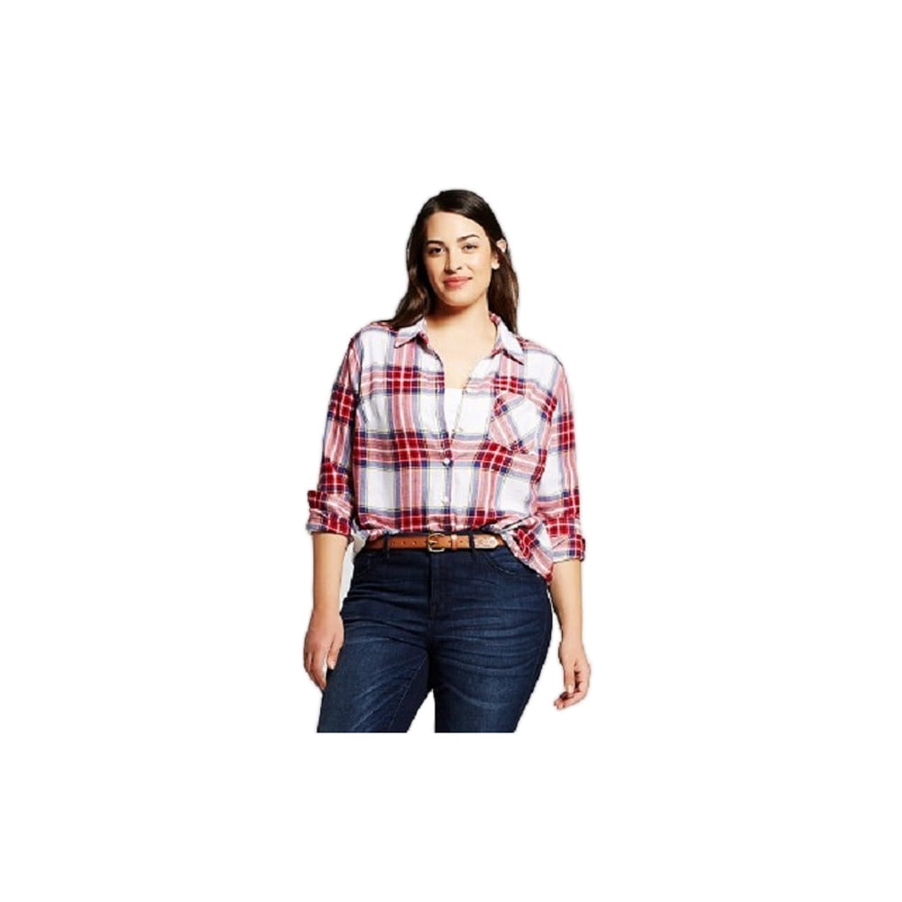 Button-Down Long Sleeve Plaid Shirt Red 