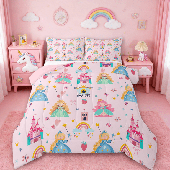 Manfei Cute Magical Princess Bedding Comforter Set,Fairy Tale Girly Theme Twin Comforter Sets,Cartoon Castle Rainbow Bedding Set For Kids,Ultra Soft Home Decor Reversible,2-Piece