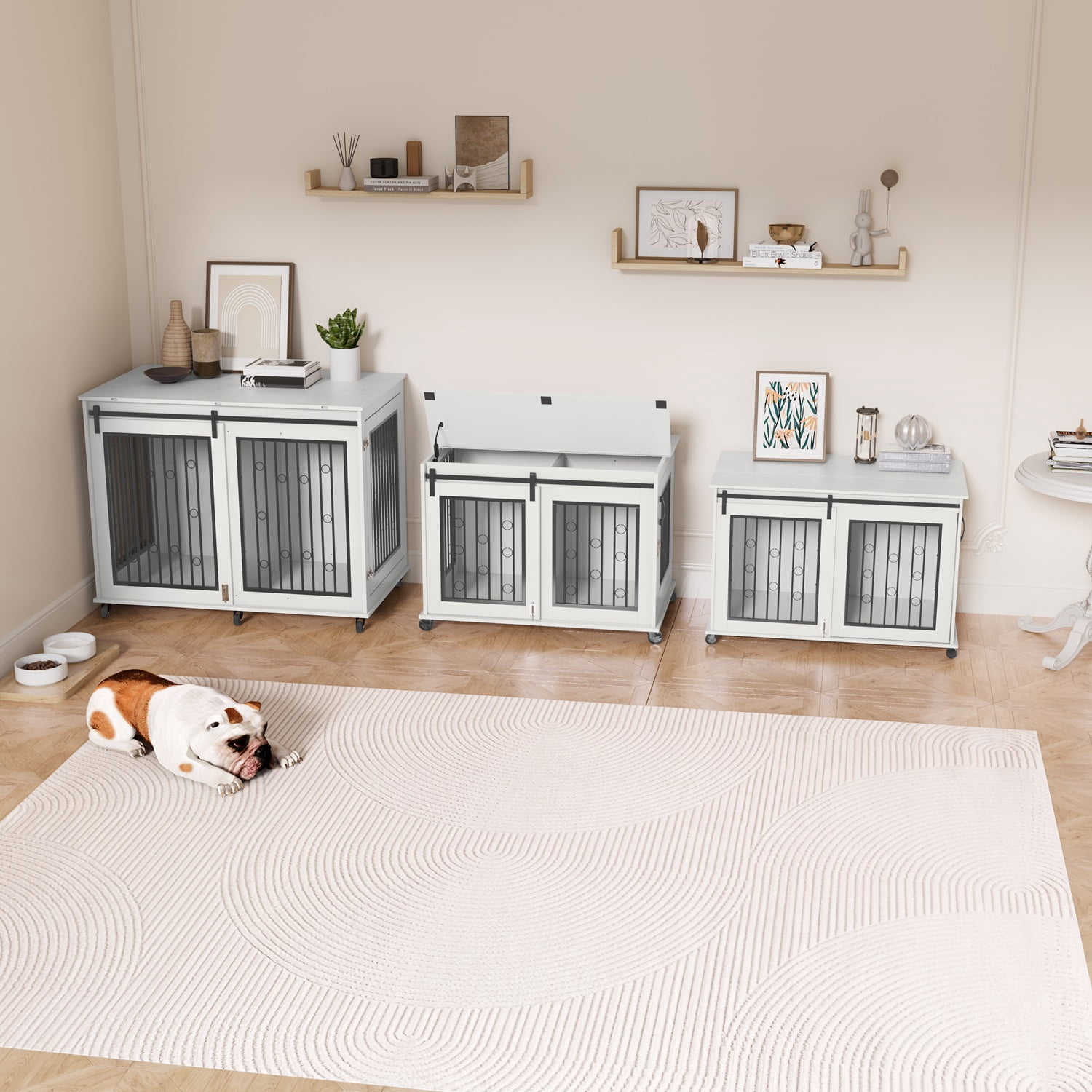 Mulinsonfly 47" Wooden Dog Crate Furniture with Sliding Barn Door, Flip-Top Lid, Lockable Wheels & Removable Divider, Indoor Dog Kennel Table for Small, Medium, Large Breeds